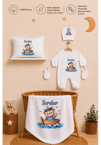 Pia Baby Erkek Bebek Tulum Seti İsim Baskılı %100 Pamuk Yastık Kılıfı Ve Battaniye 1102tyb3x Ekru