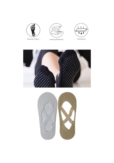 2 Adet Kadın Kaydırmaz Tabanlı Yoga Pilates Fitness Dans Ve Spor Çorabı Beyaz - Bej