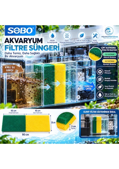 Akvaryum Filtre Süngeri - 90x30x2 Cm - Çift Renk - Yüksek Su Geçirgenlik - Üstün Tutucu Yapı - Yeşil Sarı