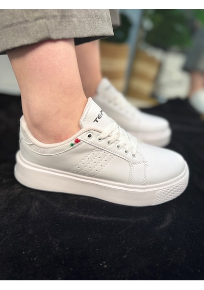 Günlük Kadın Spor Ayakkabı Ortopedik Vegan Deri Bağcık Hafif Kalın Yüksek Taban Yürüyüş Sneaker 102 Beyaz