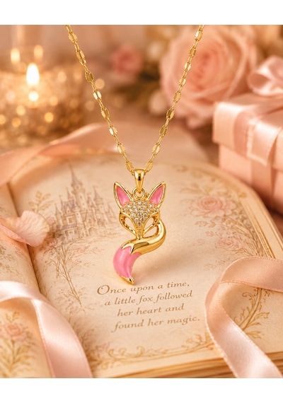 Zirkon Taşlı Pembe Mineli Tilki Figürlü Altın Kaplama Zincir Kolye Açık Pembe