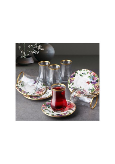 Flora 6 Kişilik Seramik Tabaklı Çay Bardağı Takımı Seti Çok Renkli