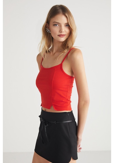 Ethıquet Mıkela Kadın Viskon Askılı Yırtmaçlı Vücüdu Saran Crop Kırmızı Body