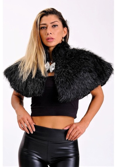 Keyifli Moda Kadın Siyah Broşlu Kürk Etol Bolero
