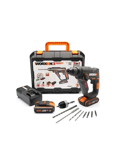 Worx Wx390.1 20volt 2.0ah. Li-ion 1.2j Profesyonel Sds-plus Pnömatik Çift Akülü Şarjlı Matkap + 8 Adet Uç + Mandren