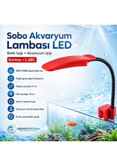 Sobo Akvaryum Lambası Led - Balık Işığı - Akvaryum Işığı - Açma Kapama Tuşlu - Kırmızı - 28 Cm - L-28c