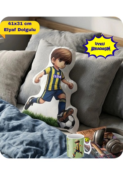 Sarı Lacivert Futbol Kupa Taraftar Yastık Kombin Taraftar Uyku Arkadaşı İkili Set Hediye Hediye Paketi-Hediye Paketi