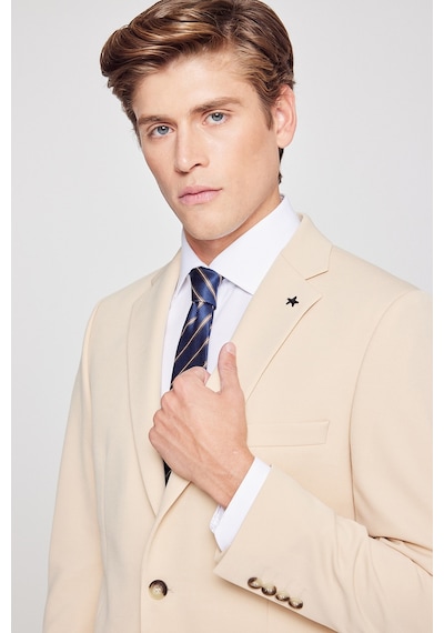 Erkek Bej Slim Fit Dar Kesim Mono Yaka Beli Bağlamalı Kapak Cepli Esnek Takım Elbise Bej