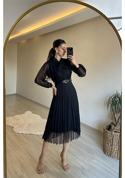 Neşeli Butik Kadın Dantelli Piliseli Yaka Bağlamalı Midi Elbise Nm012 Siyah