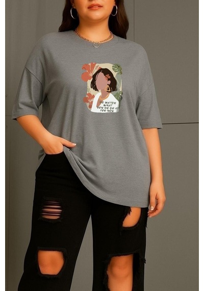 Büyük Beden Renkli Kadın Baskılı Unisex Tişört Gri