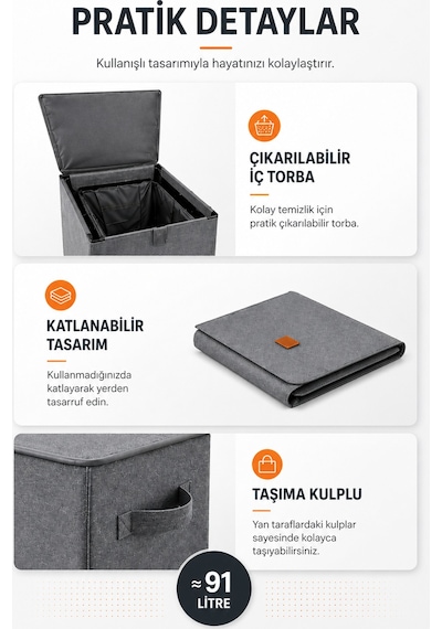 Esti 91 Litre Katlanabilir Kapaklı Çamaşır Sepeti - İç Torbalı, Sırt Çantası Olabilen Büyük Boy Kirli Sepeti Antrasit