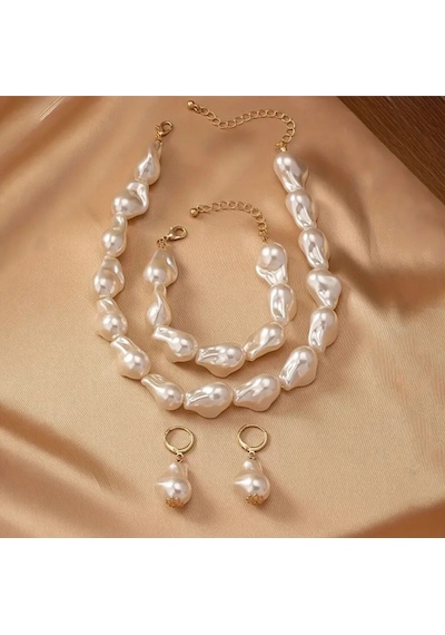 Şık Zarif Elegant Barok Inci Set Kolye Bileklik Küpe Beyaz