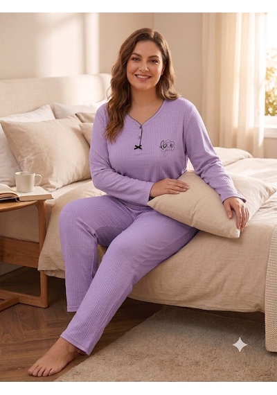 Büyük Beden Uzun Kol Pamuklu Likralı İnterlok Kumaş Pijama Takımı 8739 Lila
