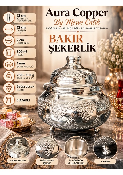 Aura Copper Kapaklı Bakır Şekerlik 3 Ayaklı El İşlemeli Lokumluk Gümüş Renk-üzüm