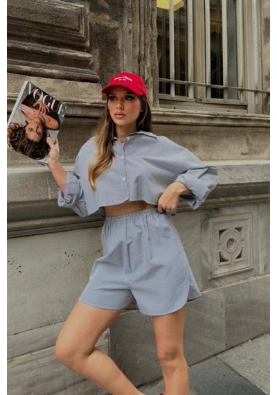 Butik İstanbul Volerie Çizgili Şortlu Takım 9342-17 Si Yah