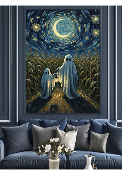 Ahşap Tablo Van Gogh Tarzı Yıldızlı Gecede Hayaletler İllüstrasyonu