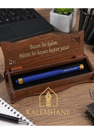 Bambu Aksesuarlı Kişiye Özel Roller Kalem Ahşap Kutulu Mavi