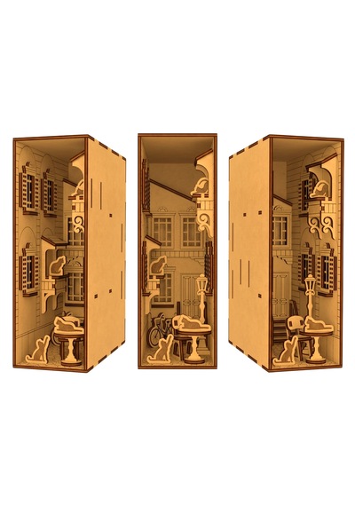 French Yard Diorama Book Nook Ahşap Maket Seti Dıy Miniatür Kedili Fransız Avlusu Peri Led'li Kitaplık Dekoru