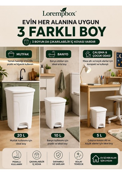 Tr Lorempbox 3'lü Pedallı Çöp Kovası Seti 20 L + 10 L + 5 L Çıkarılabilir İç Kovalı Diğer