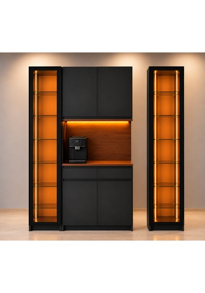Noir Antrasit Çift Modüllü Led Işıklı Kahve Köşesi Cam Raflı Vitrin Dolabı 140 Cm