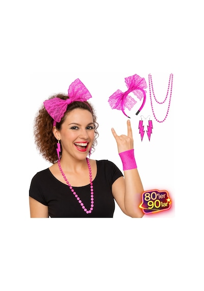 80 Ler 90 Lar Neon Pembe Parti Seti Kolye Küpe Taç - Zmff-874159 Renkli