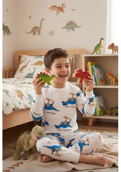 Bunny Hopp Erkek Çocuk Dinozor Desenli Pijama Takımı %100 Pamuk Beyaz Uzun Kollu Ev Giyimi