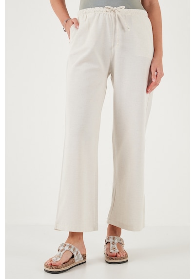 Lela Keten Karışımlı Regular Fit Normal Bel Geniş Paça Bayan Pantolon 5866030 Bej