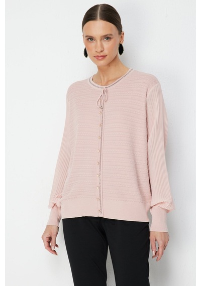 On Kadın Kolları Pileli Kumaşı Desenli Bluz 70449 Pembe