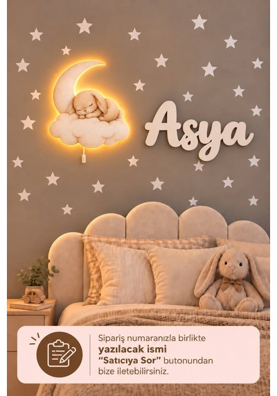 Ahşap Sevimli Tavşan Lamba & Işıksız İsimlik Seti İsimli Bebek Ve Çocuk Odası Dekoru Bej