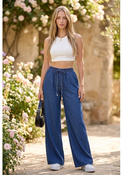 Soulshae Yüksek Bel Beli Lastikli Denim Pantolon Mavi