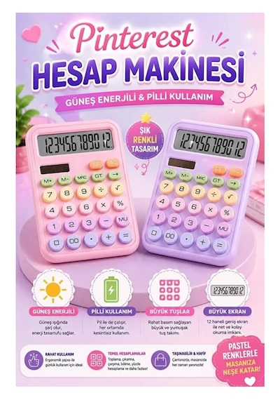 Pinterest Renkli Hesap Makinesi 12 Haneli Yuvarlak Tuşlu Şirin Hesap Makinesi Büyük Lcd Ekran Çok Renkli