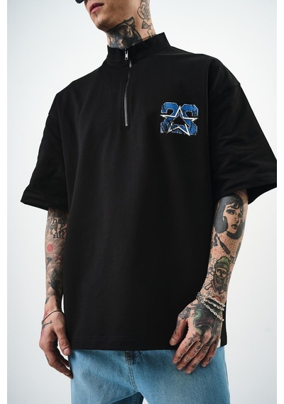 Respire Erkek 22 Baskılı Yarım Fermuarlı Oversize T-shirt Siyah