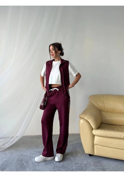 Rawea T-shirtlü Yelekli Eşofman Takımı 3'lü - Boru Paça & Slim Fit Bordo