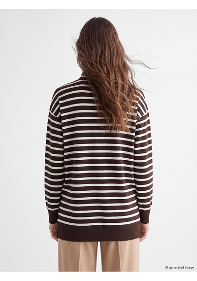 Lcw Modest Ekru Çizgili Kadın Kalın Sweatshirt Tunik