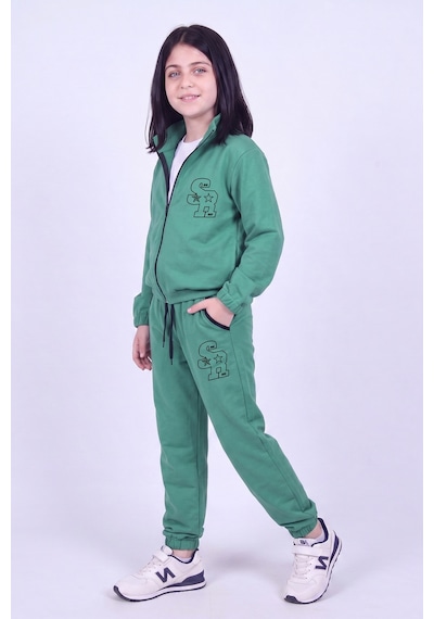 Fyk Kids Kız Çocuk Sr Baskılı Dik Yaka Çift Cepli Fermuarlı Eşofman Takımı Yeşil