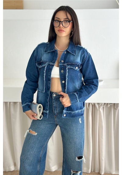 Femelle Kadın Mavi Saçaklı Dikiş Detaylı Oversize Denim Kot Ceket