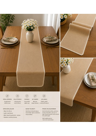 Doğal Şıklık Bej Biyeli Lamineli Jüt Runner 45x130 Cm Belirtilmemiş