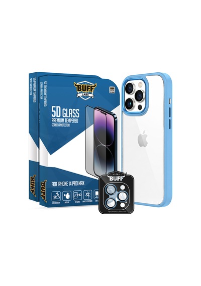 Buff Apple Uyumlu iPhone 14 Pro Max Avantaj Paket - 2x5d Ekran Koruyucu + Air Bumper Kılıf + Lens Koruyucu Açık Mavi