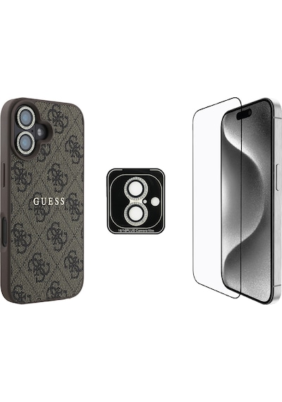 Apple Uyumlu iPhone 16 Plus Guess Lisanslı 3'lü Aksesuar Seti Kılıf-ekran Koruyucu-lens Koruyucu Kahverengi