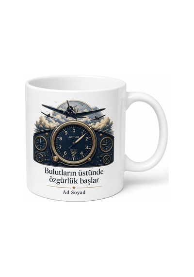 Pilot Uçak İbresi Altimetre Bulutların Üstü Uçuş Keyfi Kupa Bardak Hediye Beyaz / Çok Renkli