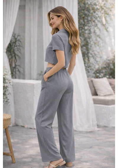 Mekaizen Kadın Fitilli Kumaş Polo Yaka Crop Üst & Bol Paça Pantolon Takım Gri