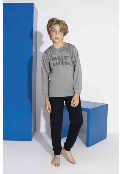 Tarık 10-15 Yaş Erkek Çocuk One Baskılı İnterlok Pijama Takımı 4113320 - Füme Füme