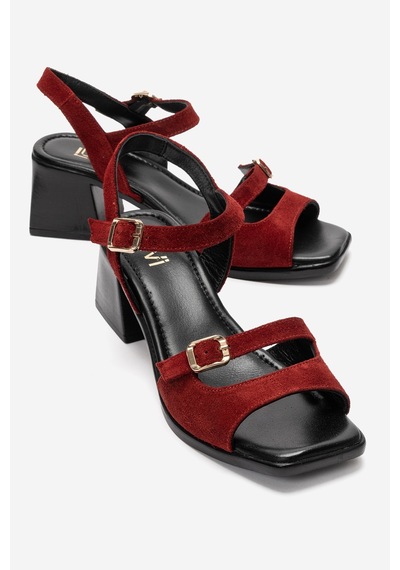 Luvi Shoes Yolen Kırmızı Süet Hakiki Deri Kadın Kalın Topuklu Sandalet