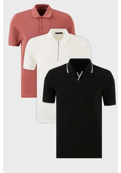 Buratti Pamuklu Regular Fit 3'Lü Paket Erkek Polo Yaka T Shirt 59029641527S3 Siyah-Beyaz-Gül