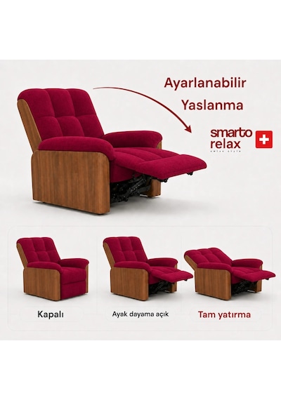 Smarto Relax Porto Tv Koltuğu Elektrikli Masajlı Isıtmalı Döner Sallanan Ahşap Yan Panelli Polyester Kumaş Baba Koltuğu Bordo