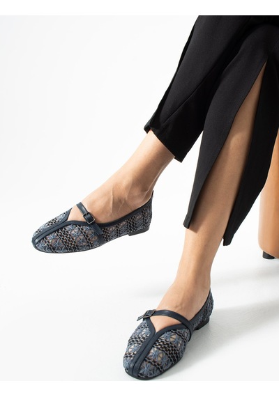 Dabab Shoes Marvena Kadın Lacivert Çapraz Bantlı Dantel Detaylı Şeffaf Dokulu Babet