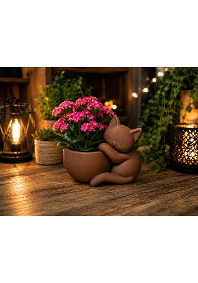 3d Baskı Sarılan Kedi Saksı - Sevimli Dekoratif Saksı - Kahverengi -
