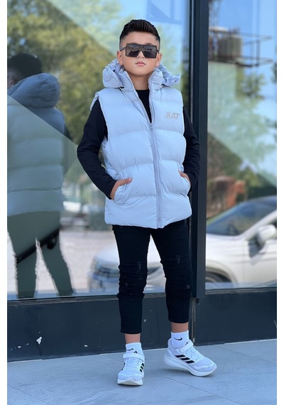 Pina Kids Erkek Çocuk Baskılı Çıkarılabilir Kapüşonlu Şişme Yelek 3017 Gri