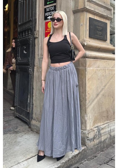 Madmext Gri Vual Kumaş Basic Kadın Uzun Boy Kadın Etek Mg2366 Gri