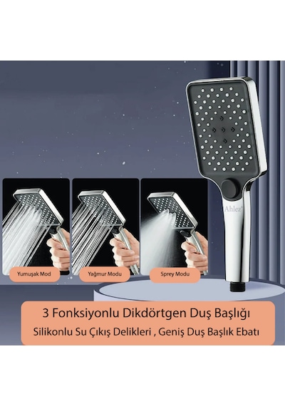 Kare 3 Fonksiyonlu Yüksek Basınçlı Ayarlanabilir Duş Başlığı Krom